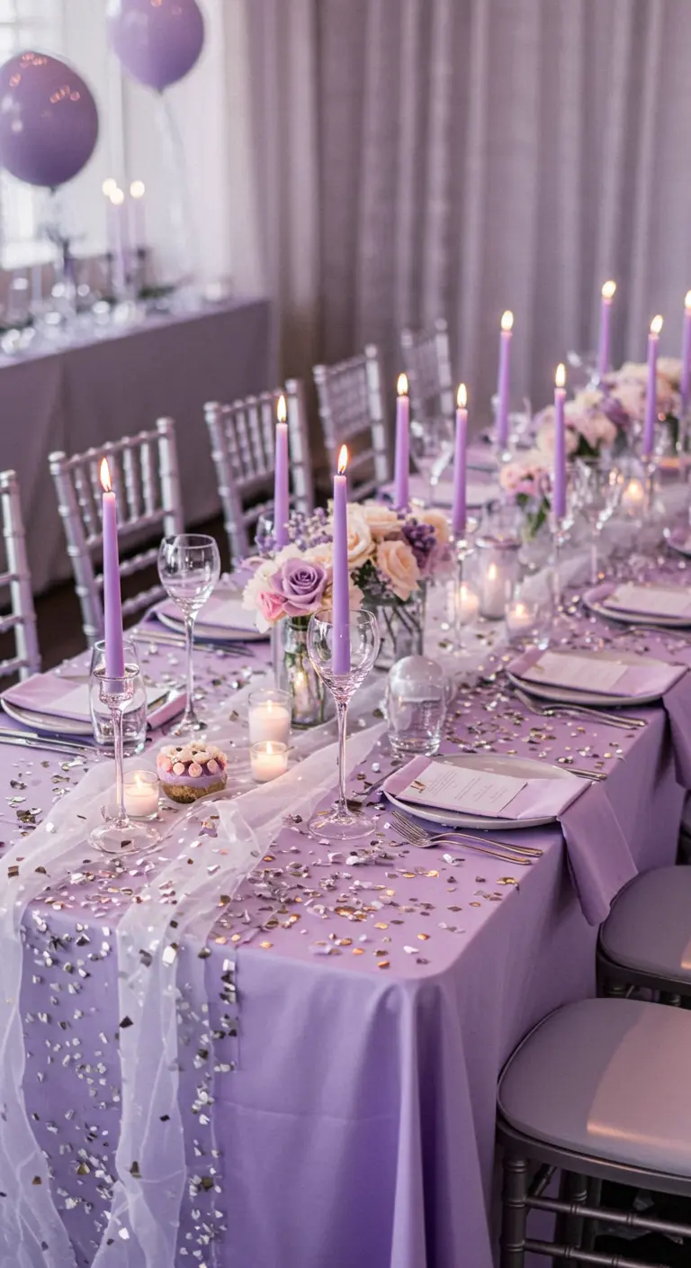 A lavender-themed table with a silver confetti runner, purple candles, and floral arrangements.