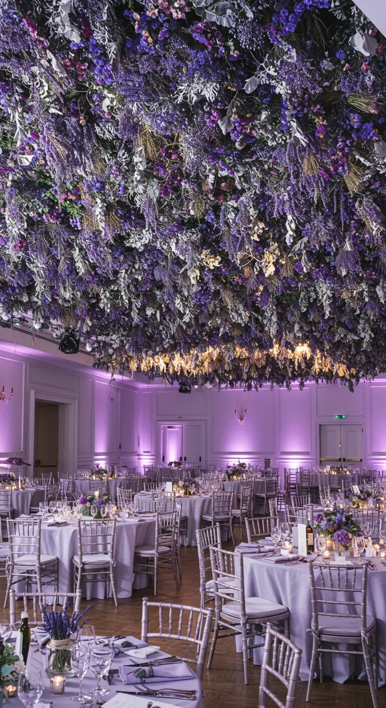 A dense ceiling of dried lavender and various purple flowers under purple uplighting.