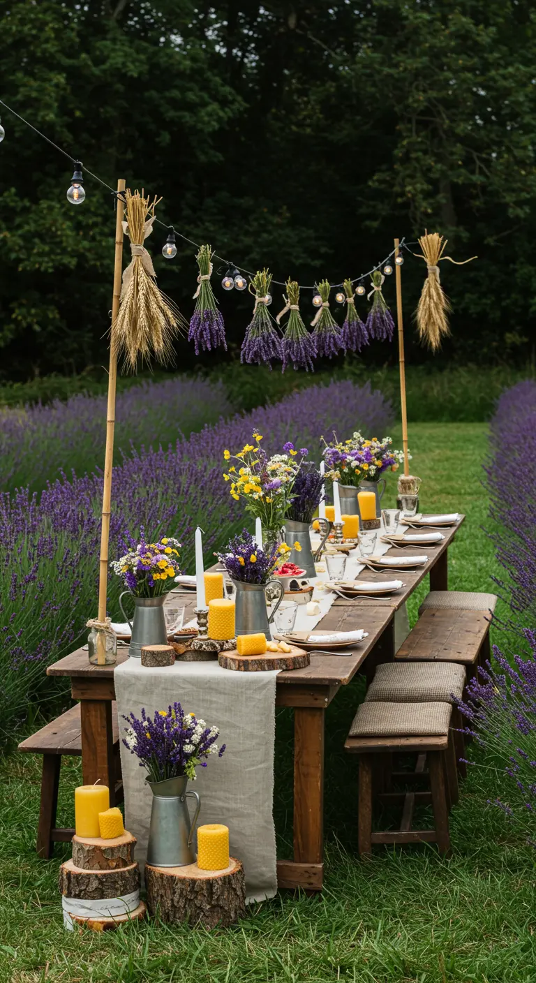Table in a lavender field with hanging lavender and beeswax candles.
