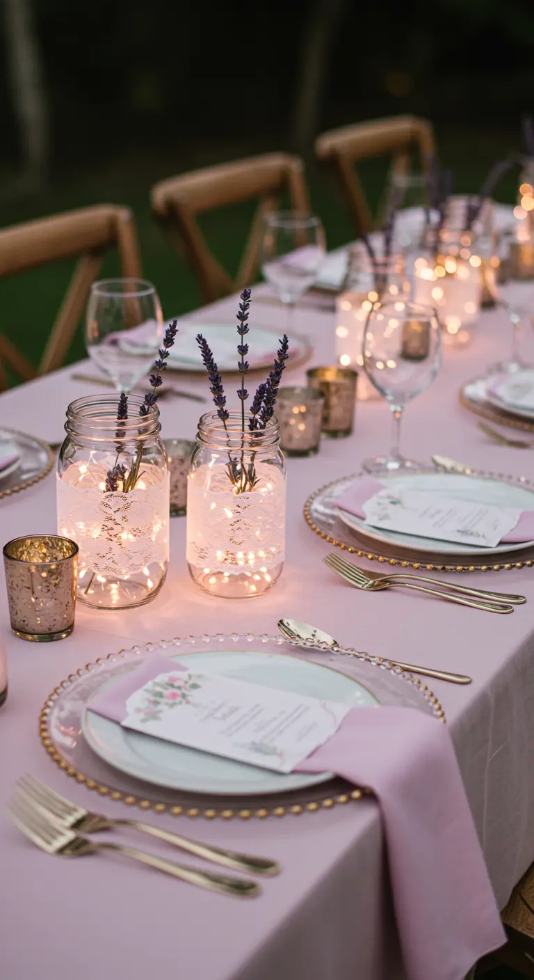 Elegant table with mauve linens and mason jars decorated with lace and lavender.