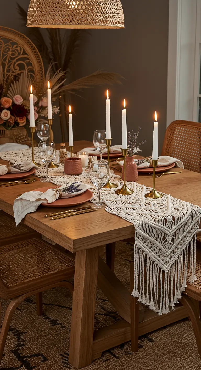 A close-up of a wooden dining table with a macramé runner, brass candlesticks, and dried lavender.