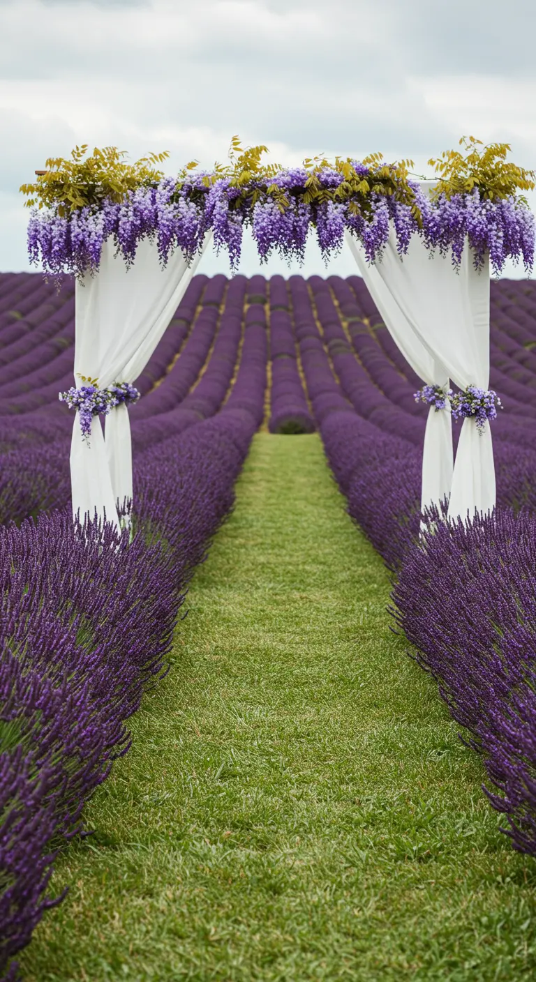 White wedding arch with purple wisteria at the entrance to a lavender field.
