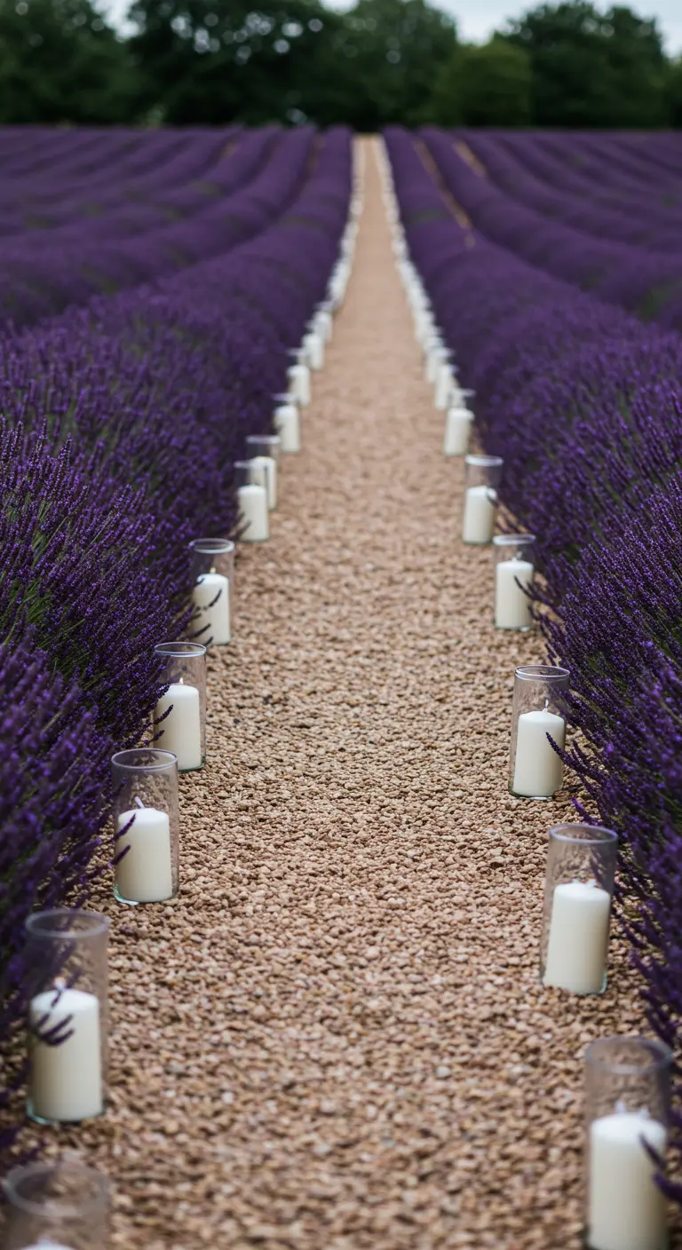 A gravel path through a lavender field lined with candles.