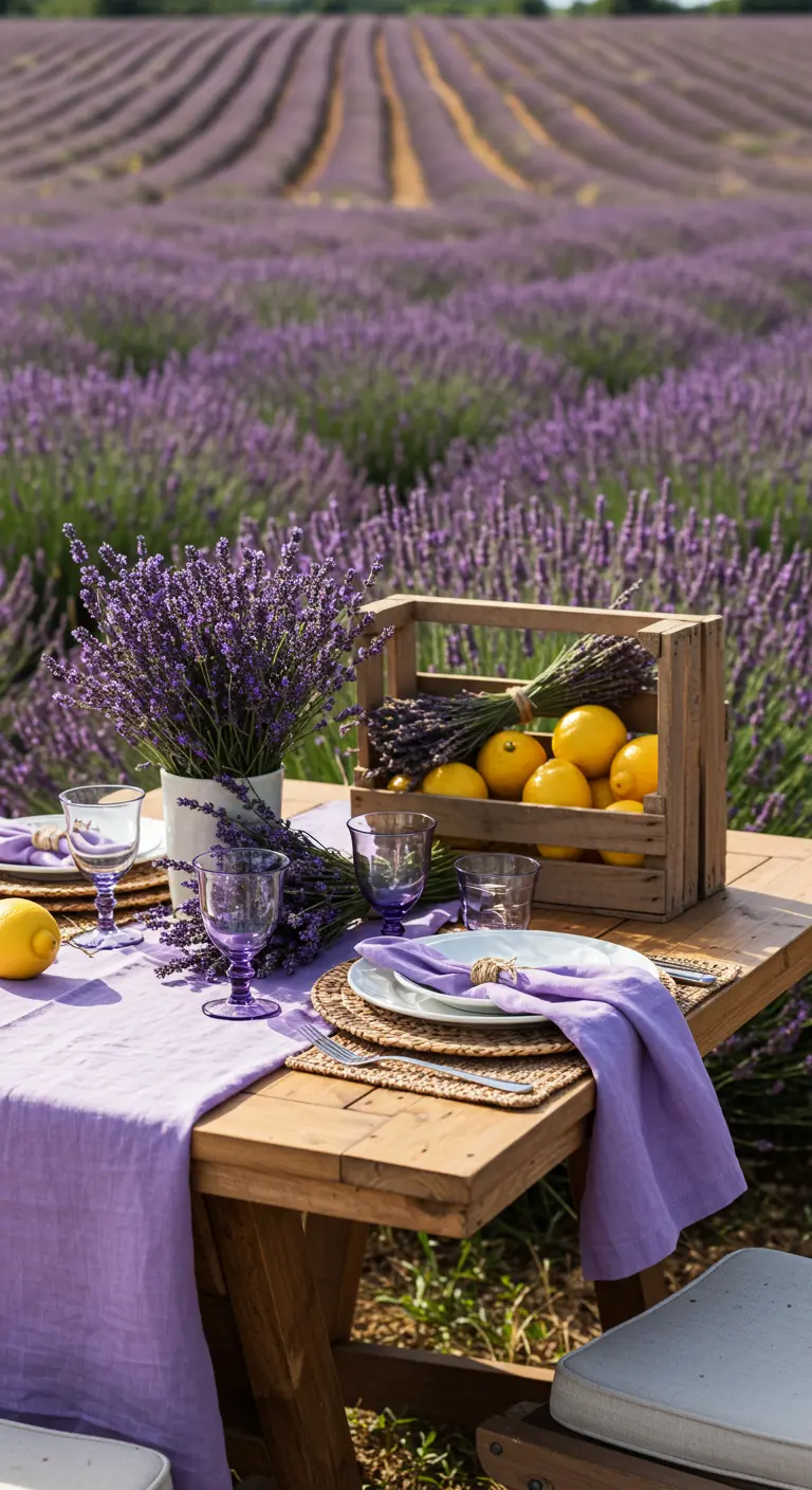 A tablescape in a lavender field with a crate of lemons and purple linens.