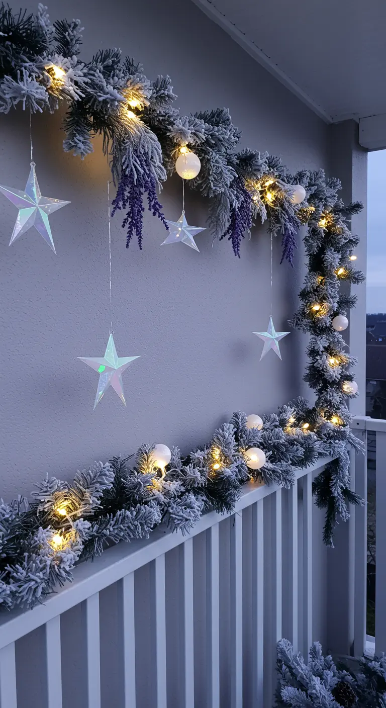 A flocked garland on a balcony rail is accented with lavender and iridescent stars.