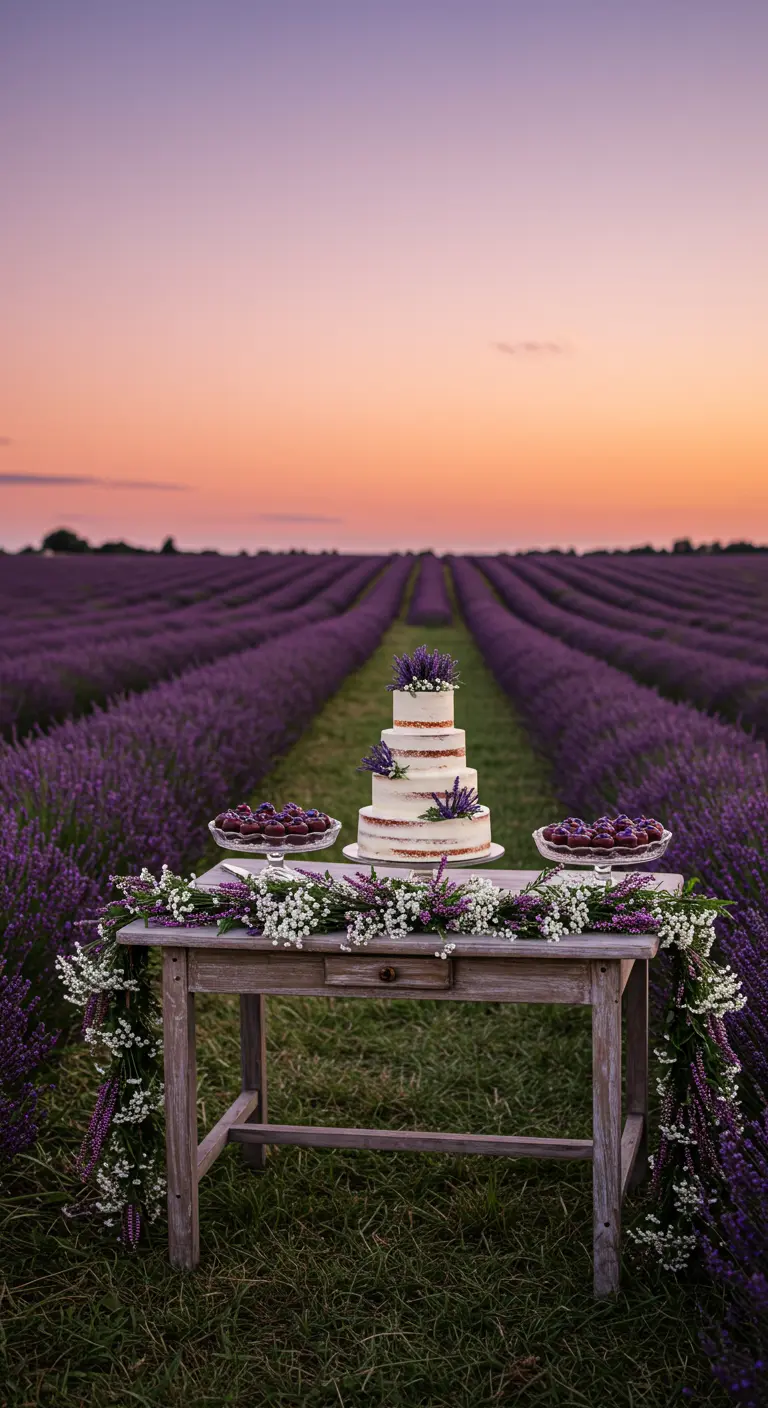 Wedding cake on a table in a lavender field at sunset with a simple lavender garland.