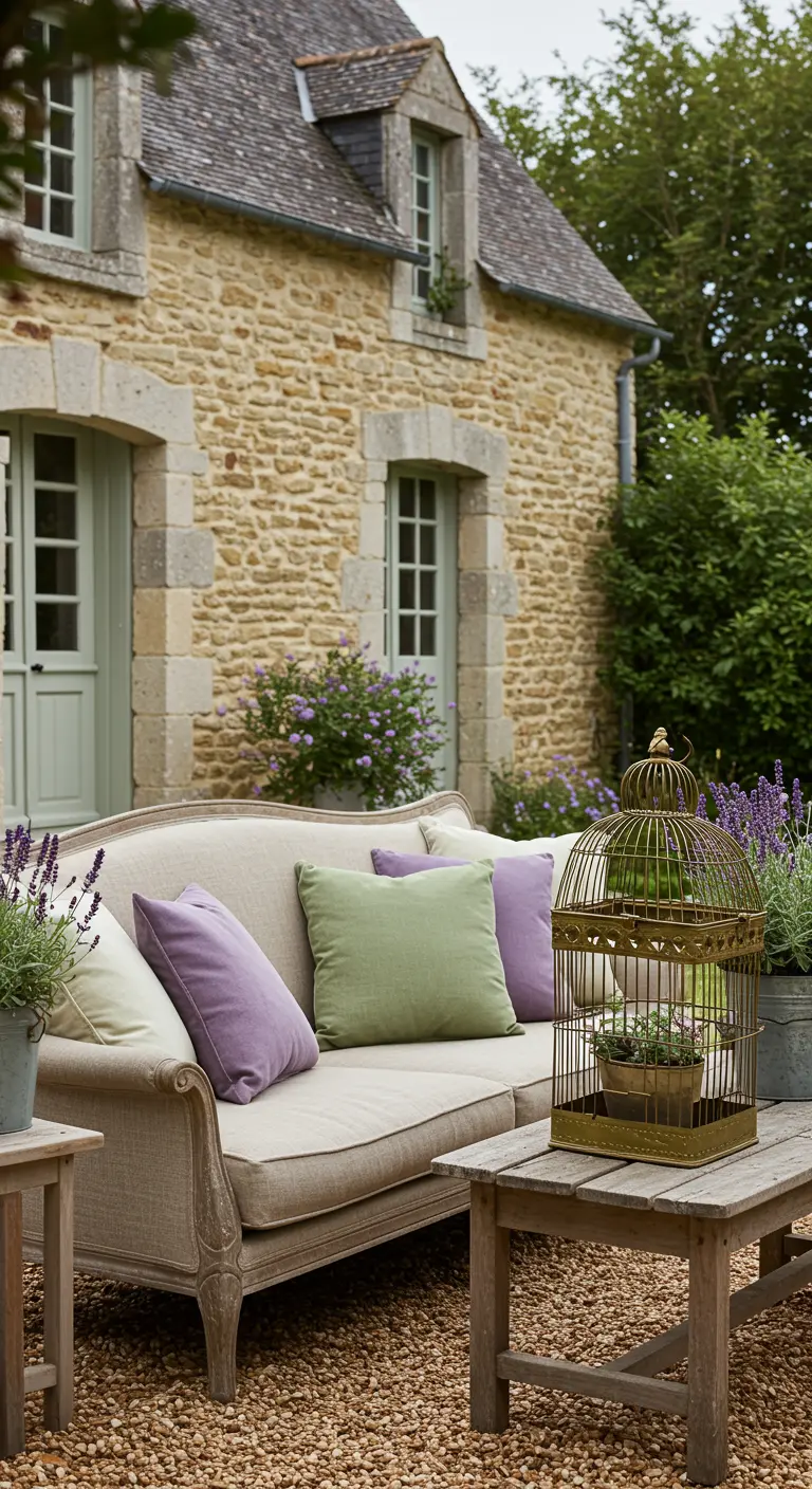 A classic linen sofa in a gravel garden with lavender and sage velvet pillows and a gold birdcage.