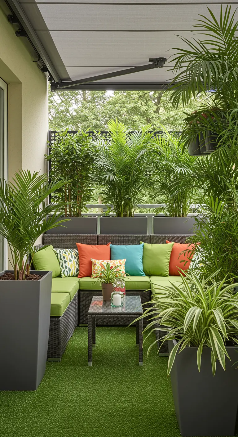 A balcony with artificial grass, a dark wicker sofa, and colorful cushions.