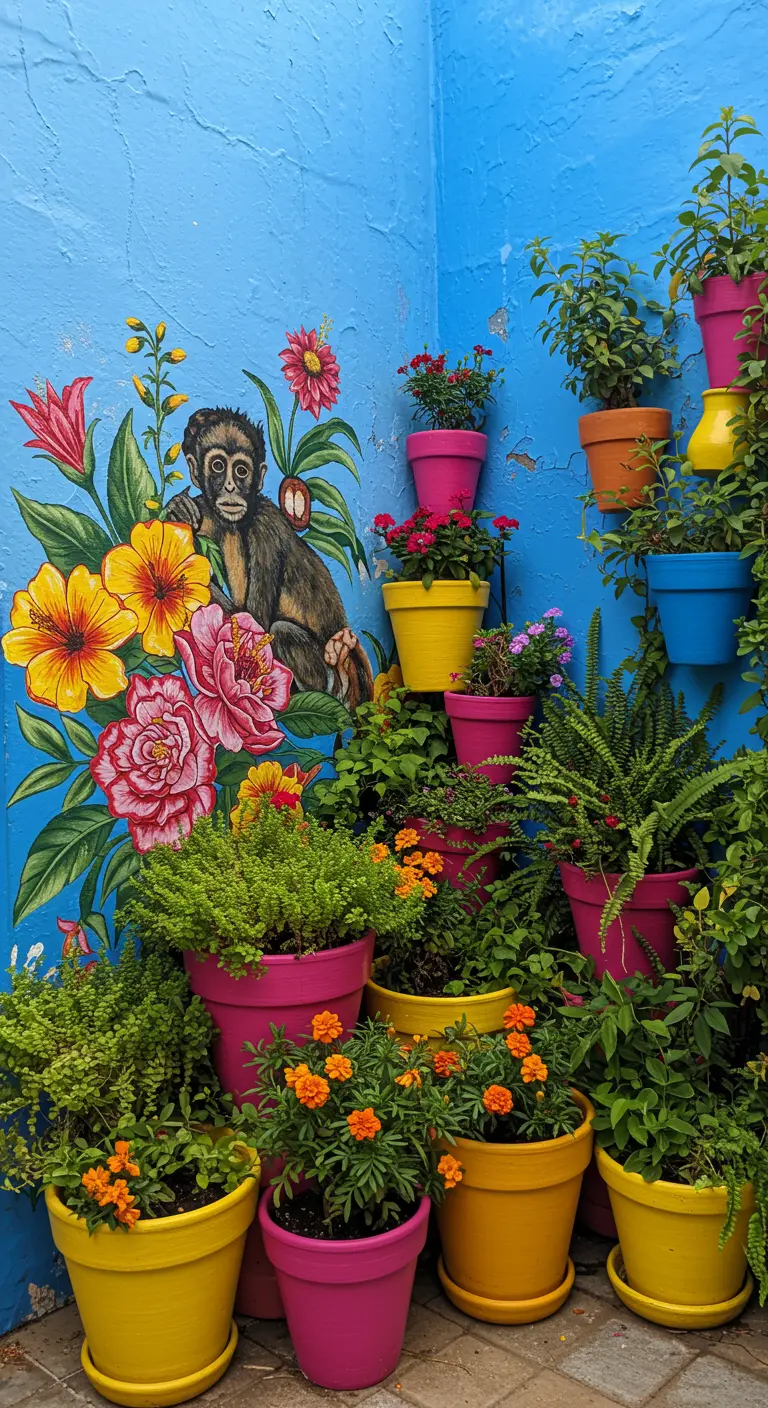A vibrant blue wall with a monkey and flower mural, crowded with colorful pots of marigolds and ferns.
