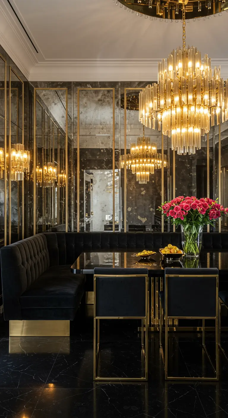 Dining room with antiqued mirror panels, a crystal chandelier, and a black velvet banquette.