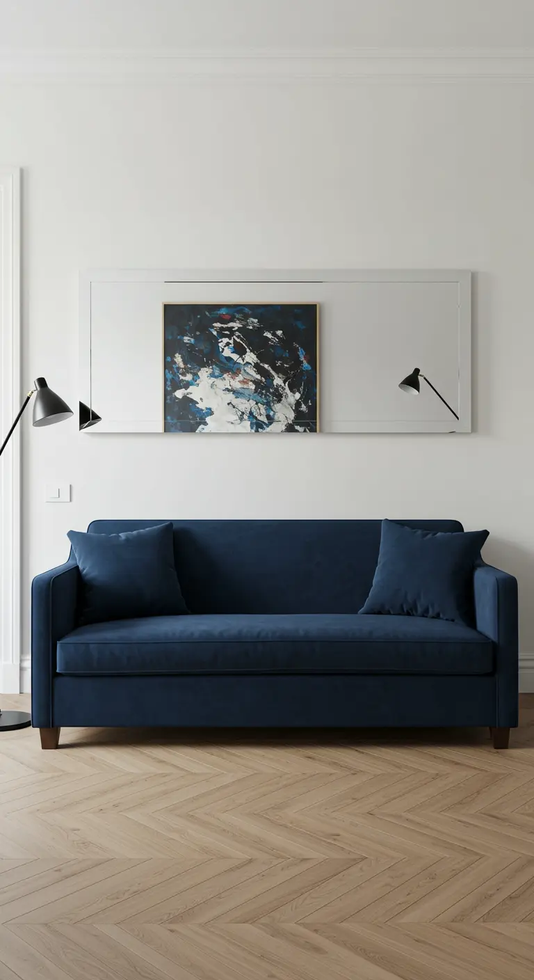 A long horizontal mirror behind a navy blue sofa, with a framed abstract painting centered on it.
