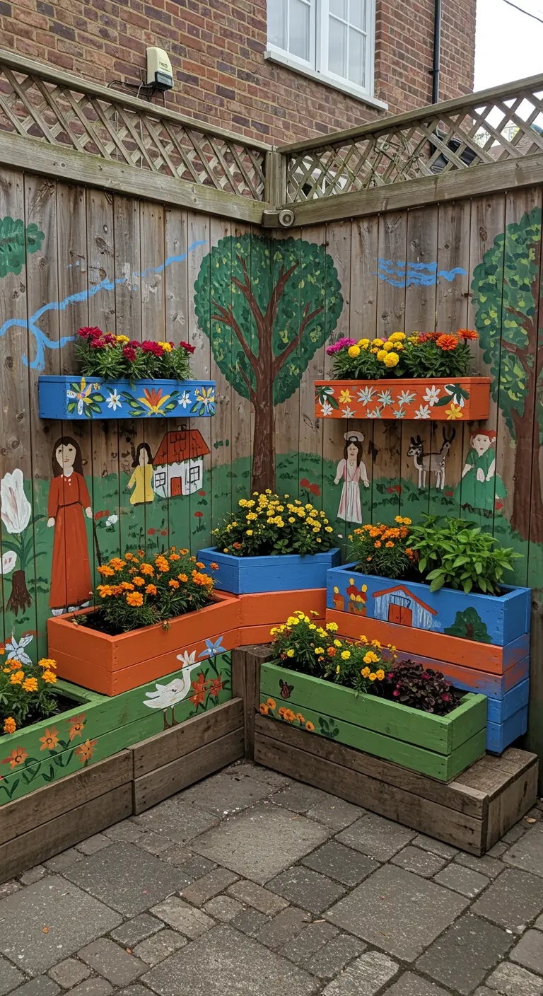 A tiered garden with a folk-art mural on the fence and colorfully painted planter boxes.