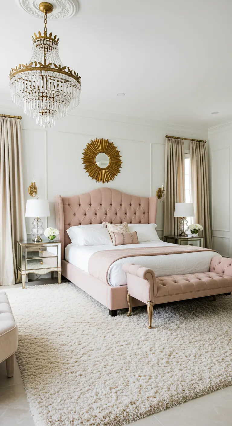 Plush pink Hollywood-Regency bedroom with a crystal chandelier and mirrored nightstands.