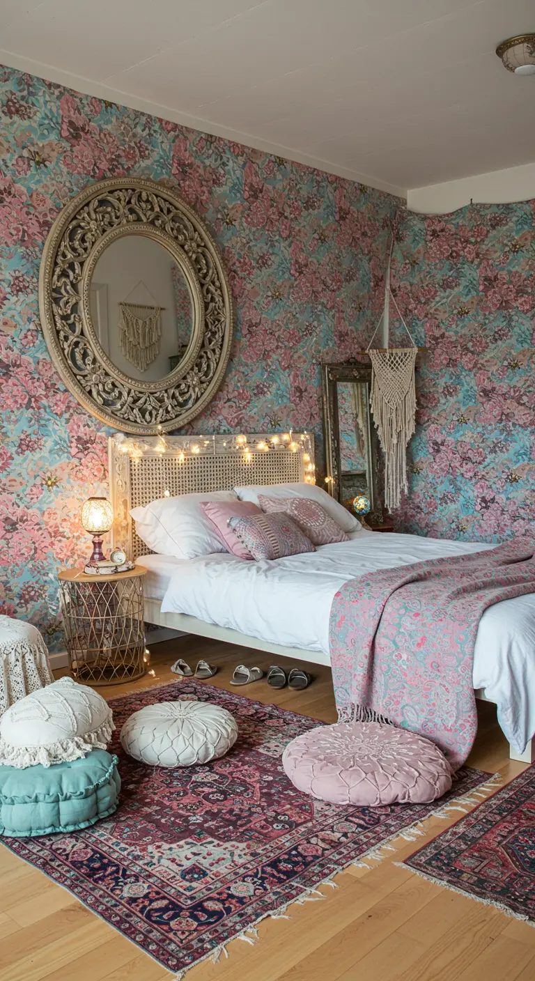 Bohemian bedroom with vibrant floral wallpaper, a large round mirror, and layered rugs and cushions.