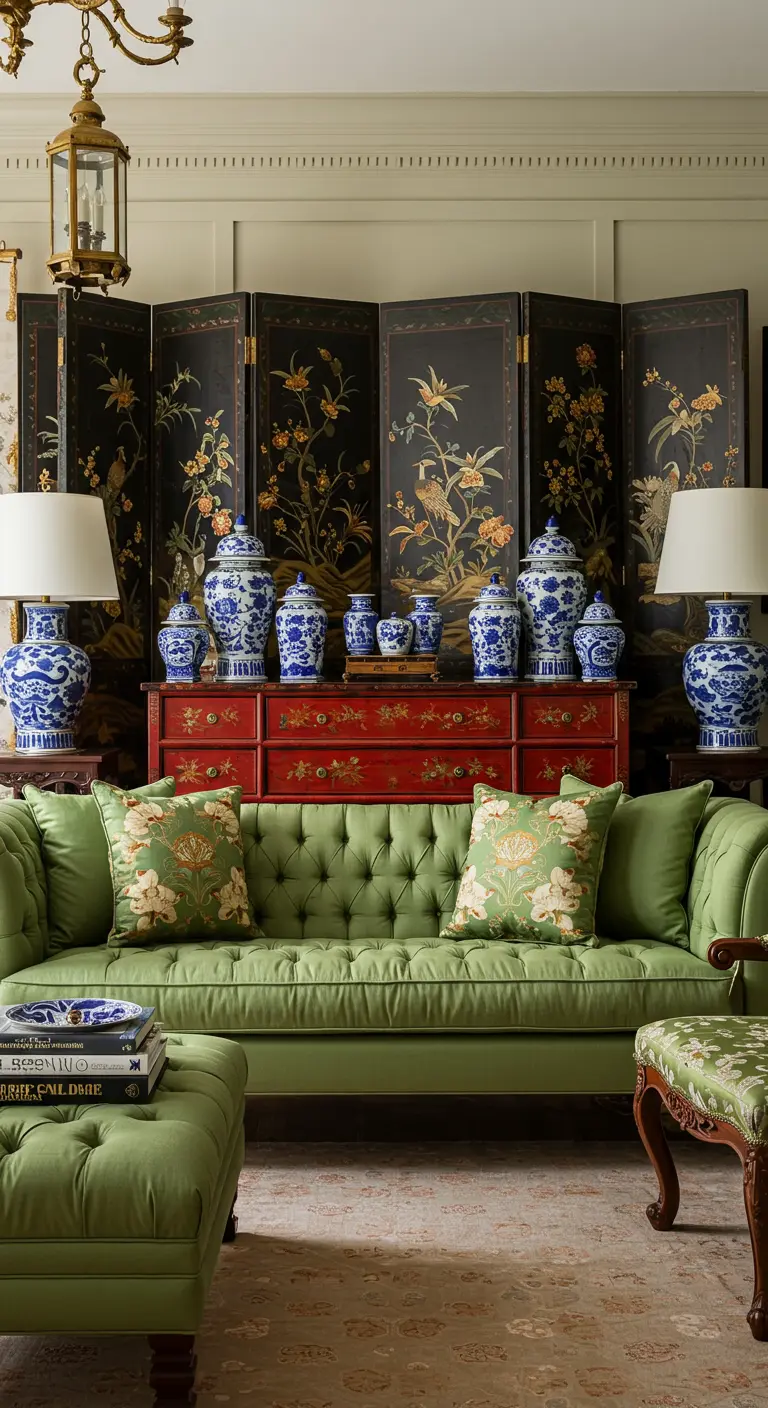 Olive green tufted sofa in front of a Chinoiserie screen and red lacquered chest.