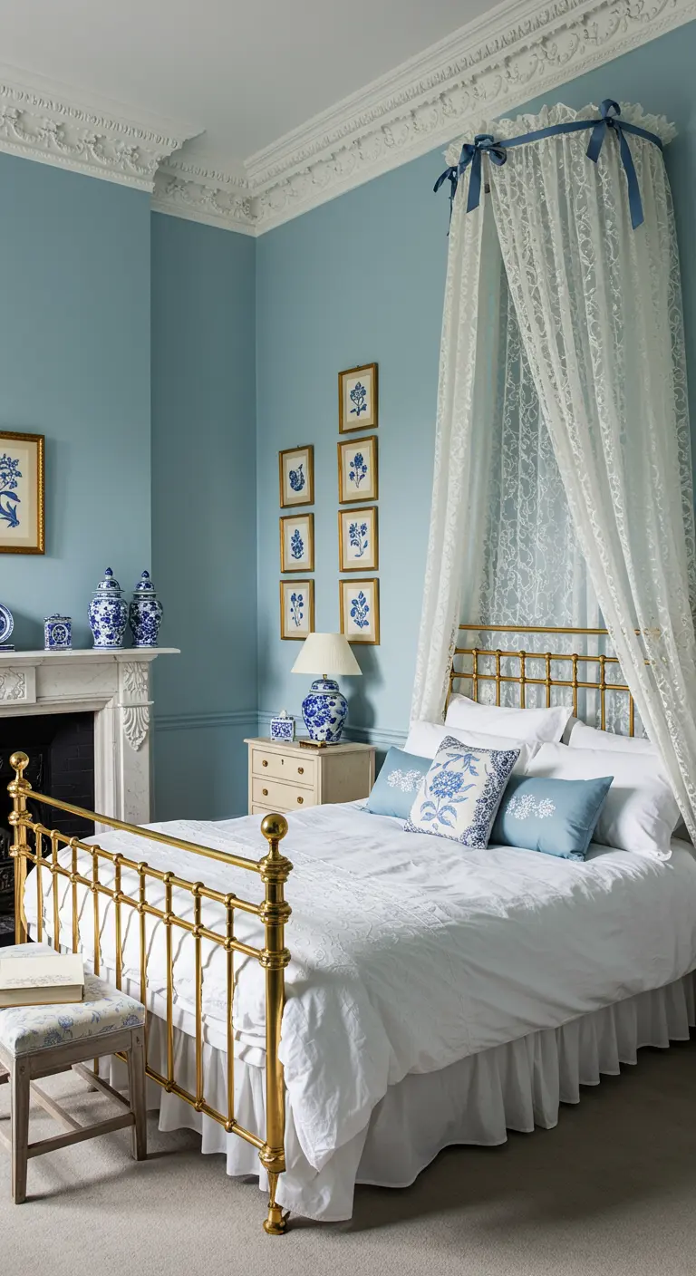A blue and white bedroom featuring a brass bed with a lace canopy, and blue and white porcelain.