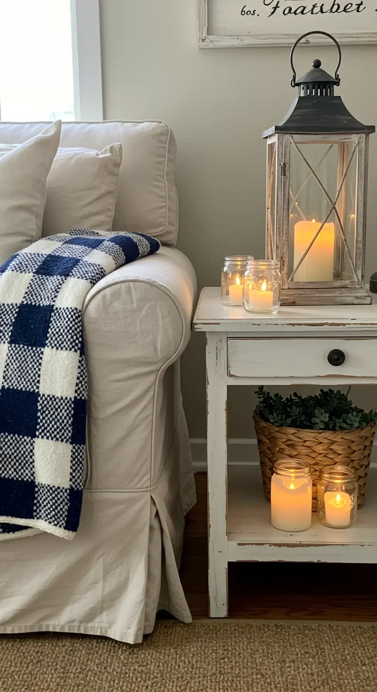 Cream sofa with a blue and white check throw next to a white side table with candle lanterns.