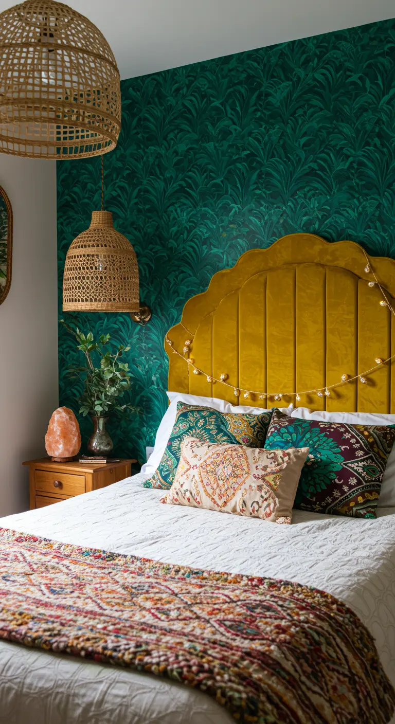 Boho bedroom with green leaf wallpaper, mustard velvet headboard, and rattan lights.