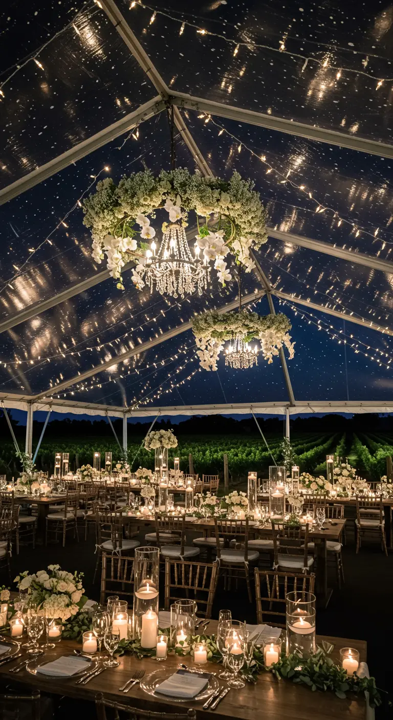 A clear-top tent wedding with crystal and floral chandeliers, overlooking a vineyard at night.