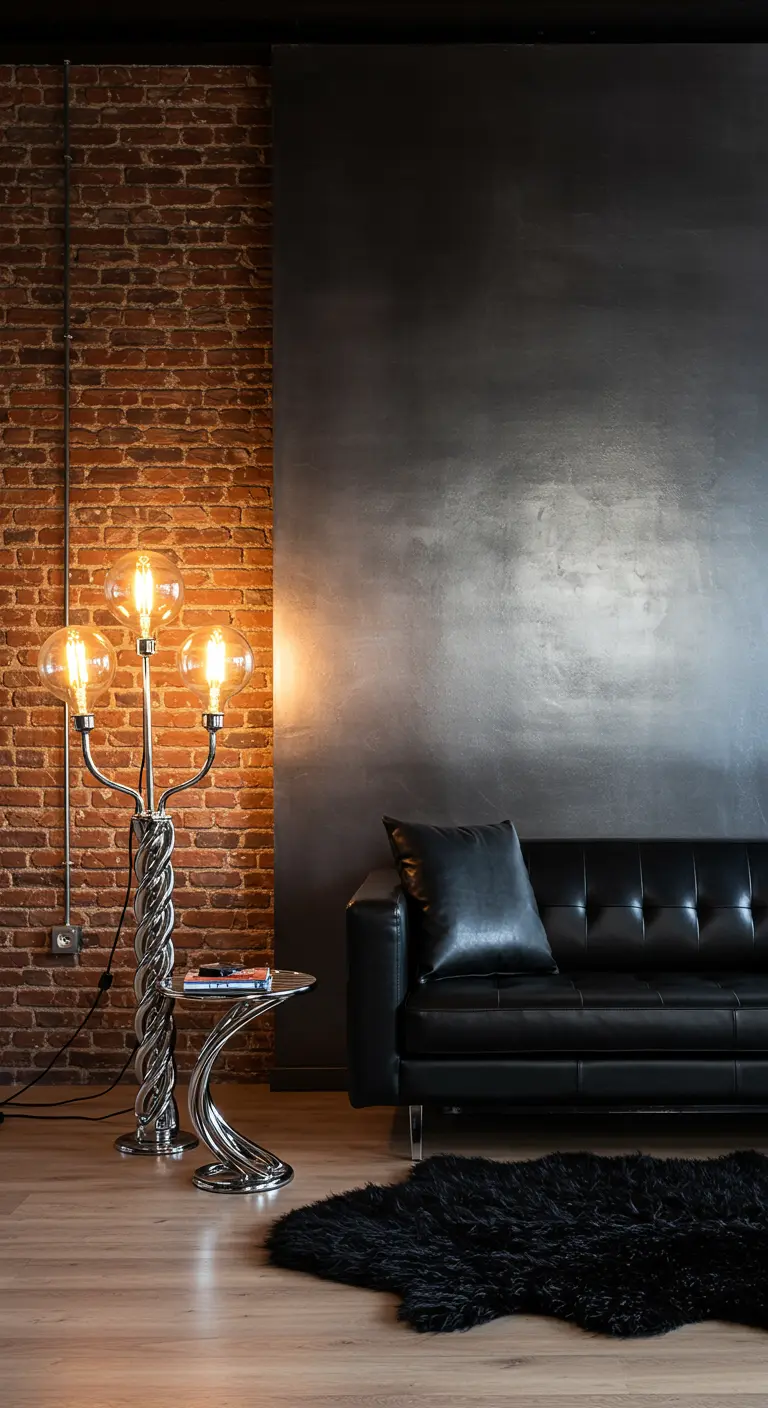 Black leather sofa next to a brick wall, with a black textured accent wall behind it.