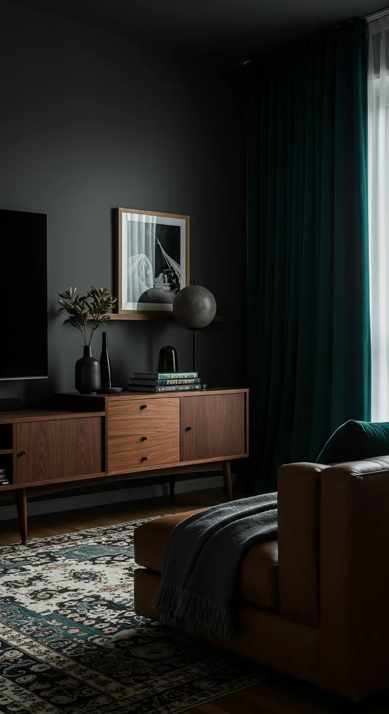 A dark, moody living room with a walnut console, green velvet curtains, and a leather sofa.
