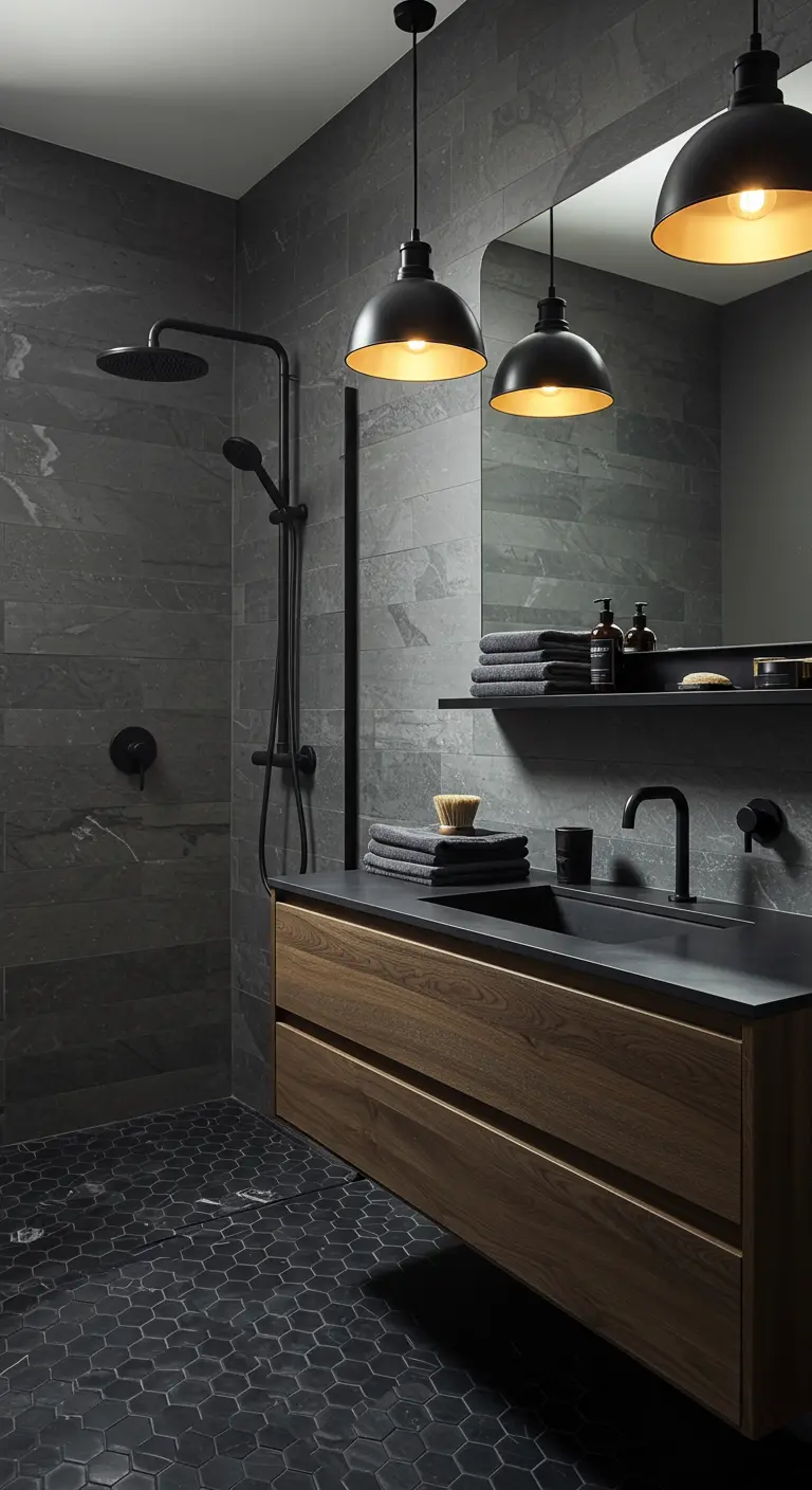 A dark bathroom with slate walls, black hex floor, and a floating wood vanity.