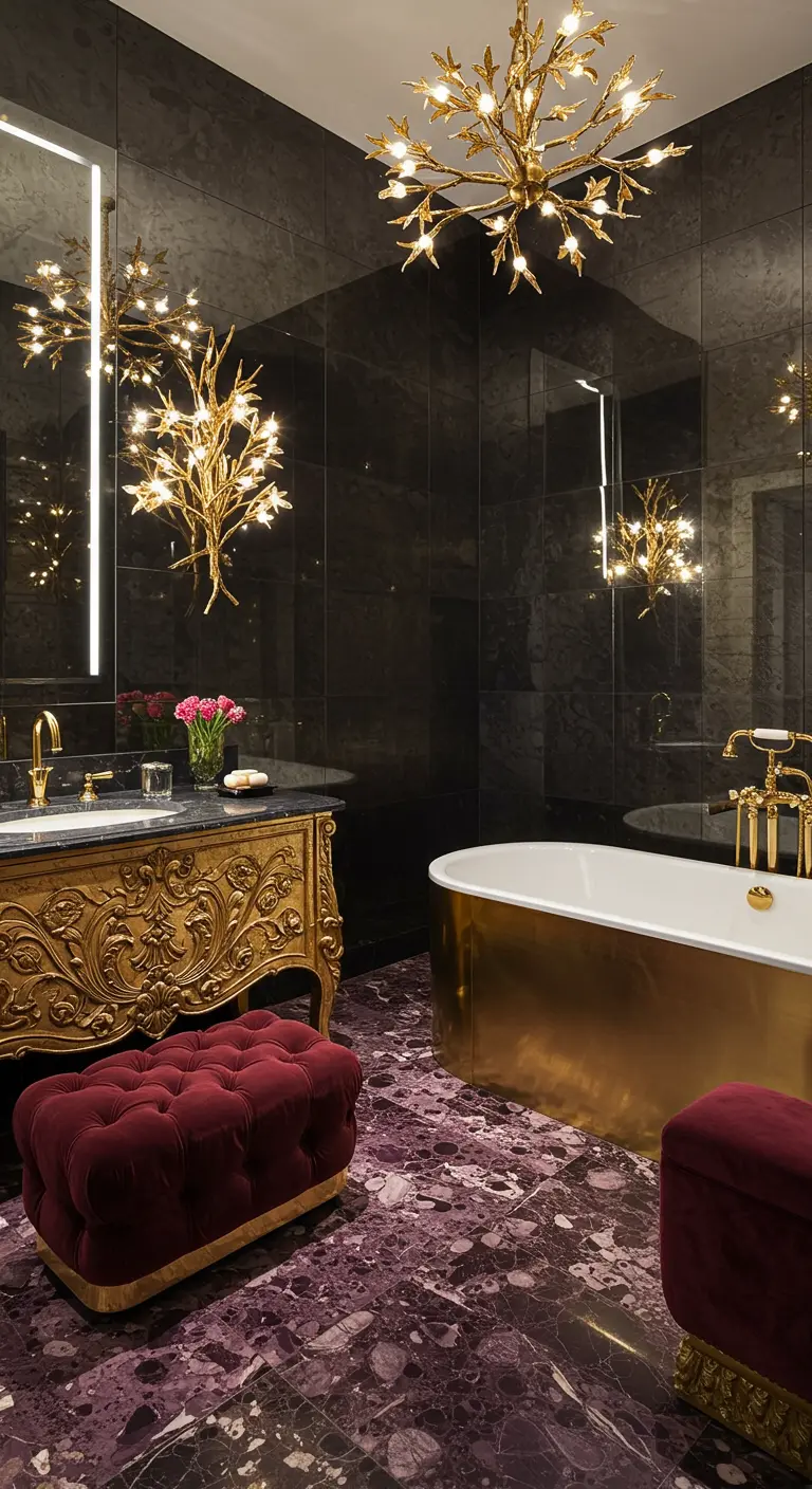 Luxurious bathroom with purple marble, an ornate vanity, and burgundy velvet seating.