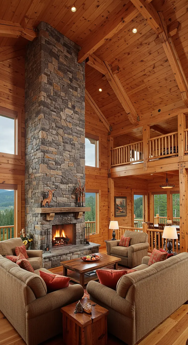 Spacious log home living room with beige sofas, warm accents, and a large stone fireplace.