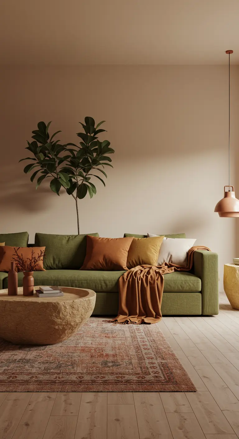 Olive green sofa with rust-colored pillows and a rough-hewn stone coffee table.