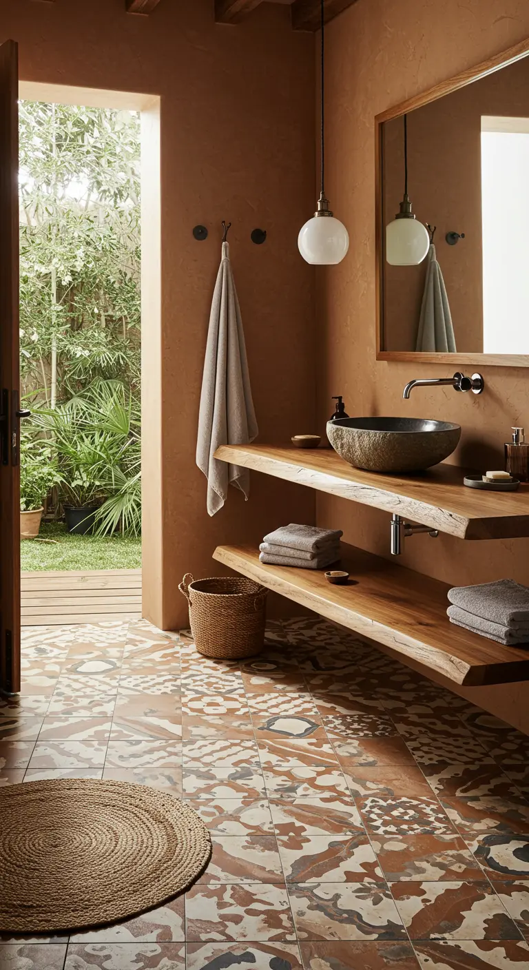 Rustic bathroom with terracotta walls, live-edge wood shelves, and earthy patterned floor tiles.
