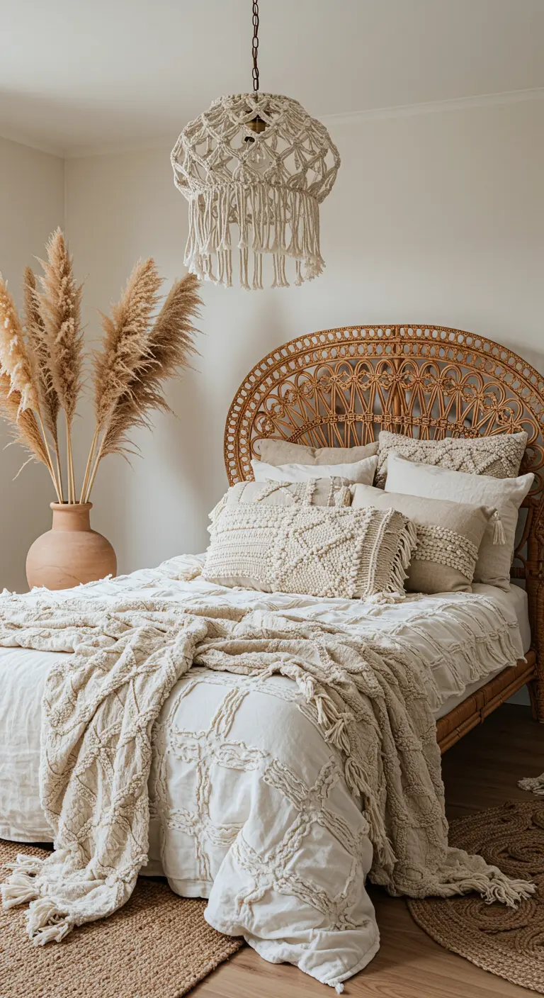 A bohemian bedroom with a rattan headboard, macrame chandelier, and layered neutral textiles.