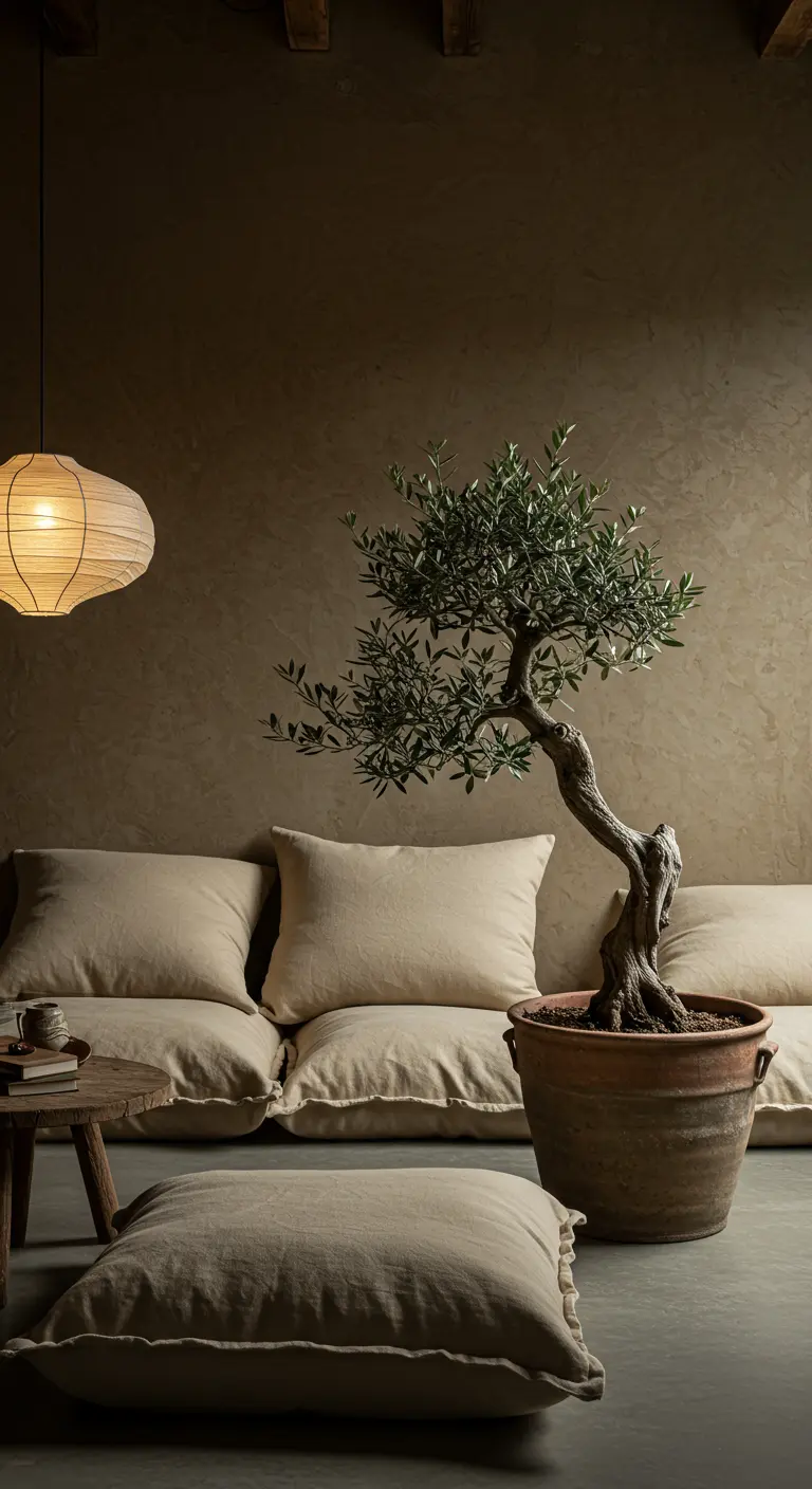 A cozy lounge with earthy, textured walls, low linen seating, and a glowing paper lantern.