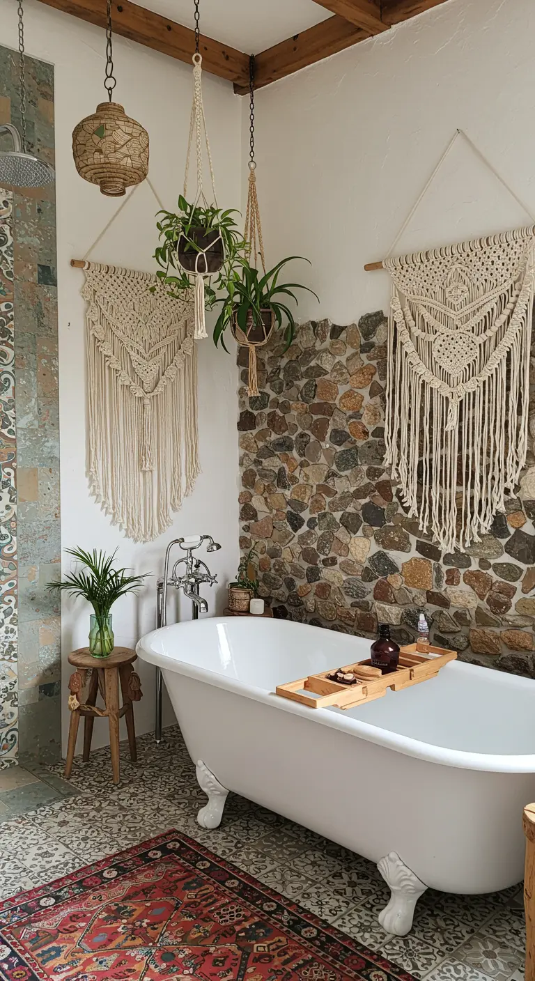 Eclectic bathroom with a clawfoot tub, macrame hangings, a Persian rug, and a stone wall.