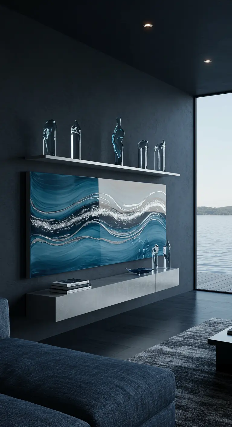 A floating console with a single white shelf above it, displaying glass art objects.