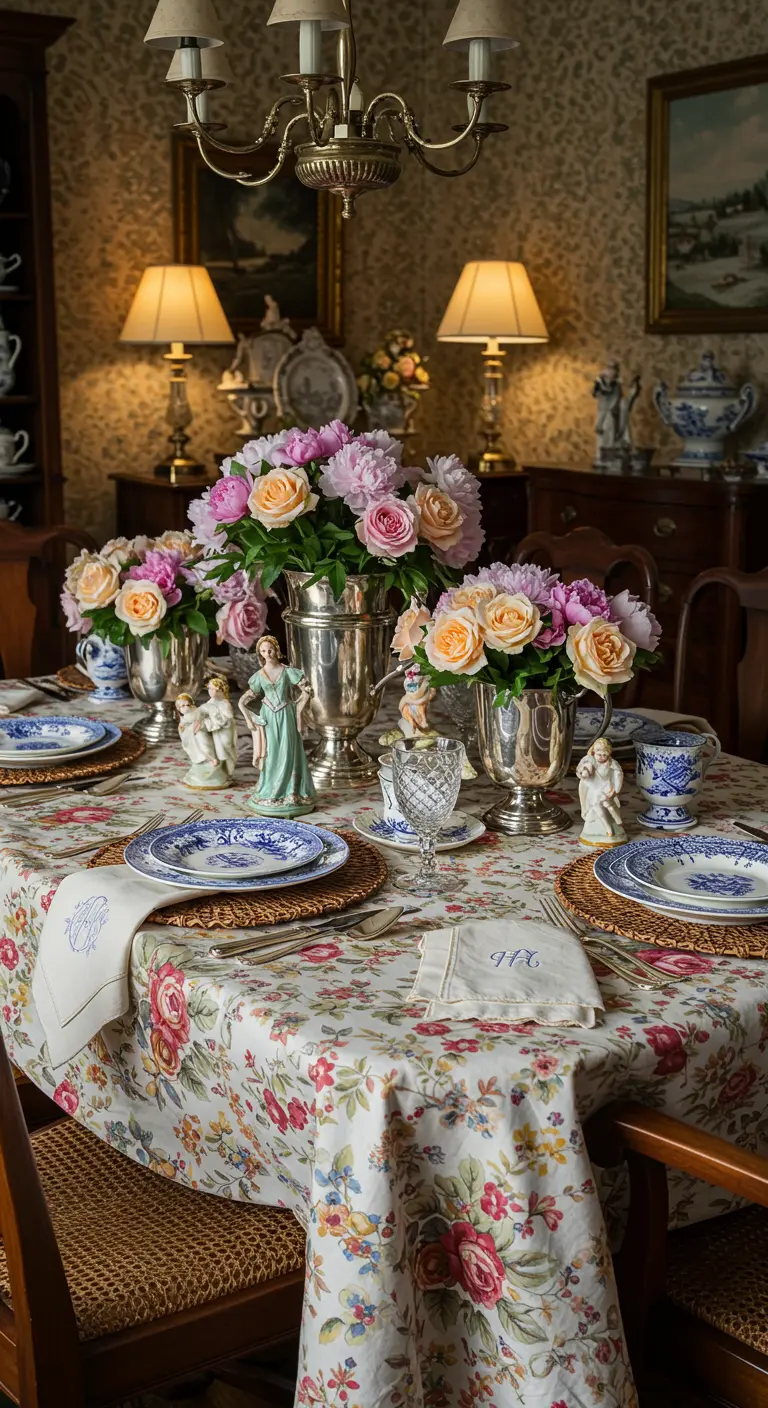 An elegant, traditional table with a floral chintz tablecloth, floral china, and silver vases.