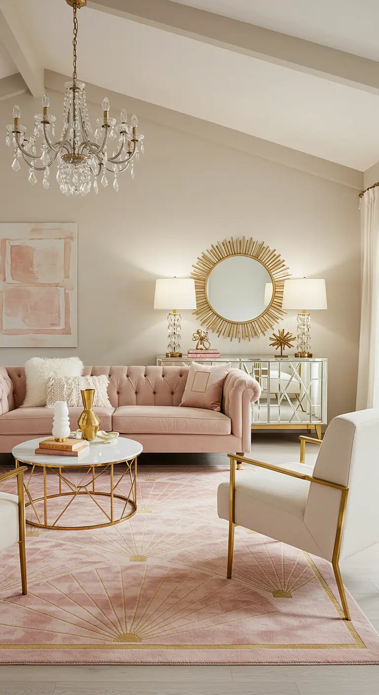 Blush pink and gold living room with a velvet sofa and a pink art-deco style rug.