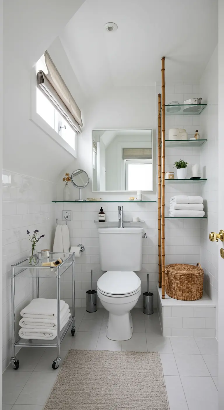 Small white bathroom using glass shelves and a glass-and-chrome rolling cart for storage.