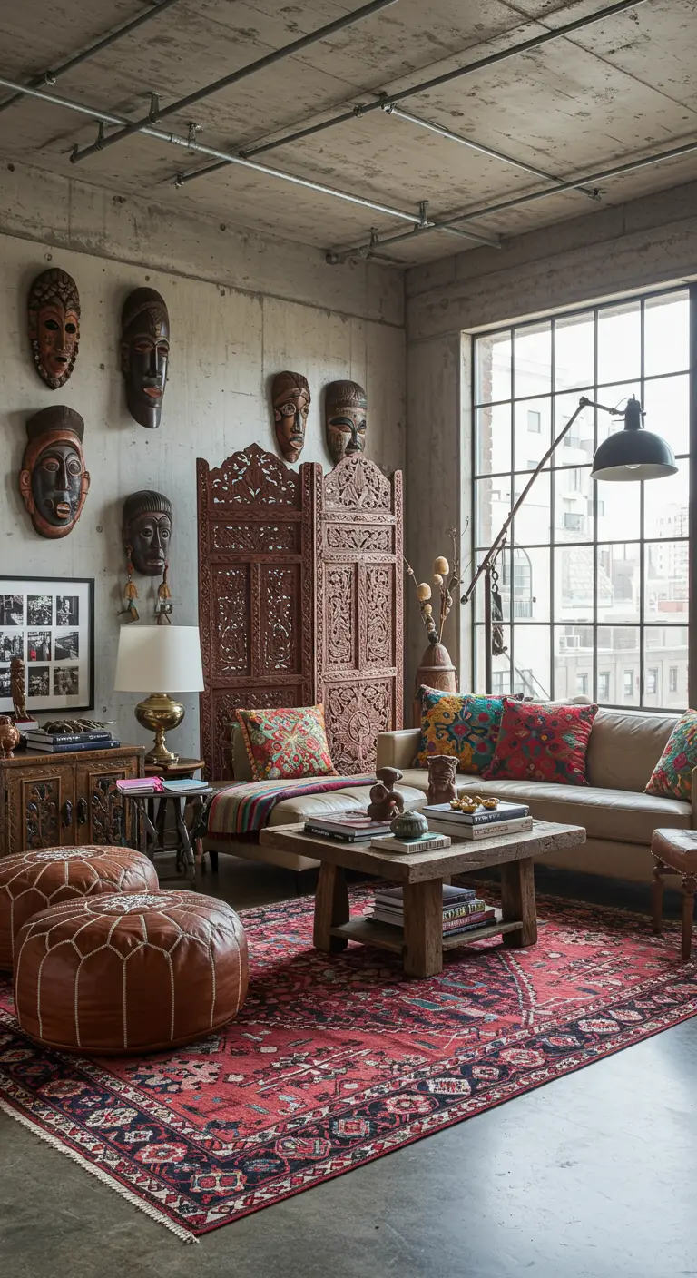 Loft decorated with a collection of African masks, a carved screen, and leather poufs.