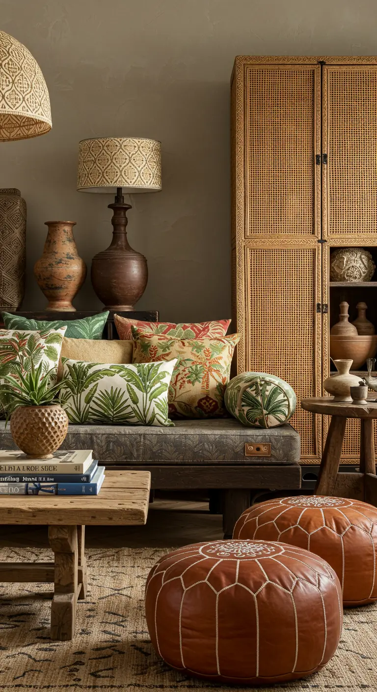 Eclectic living room with a mix of botanical and global-patterned pillows on a daybed.