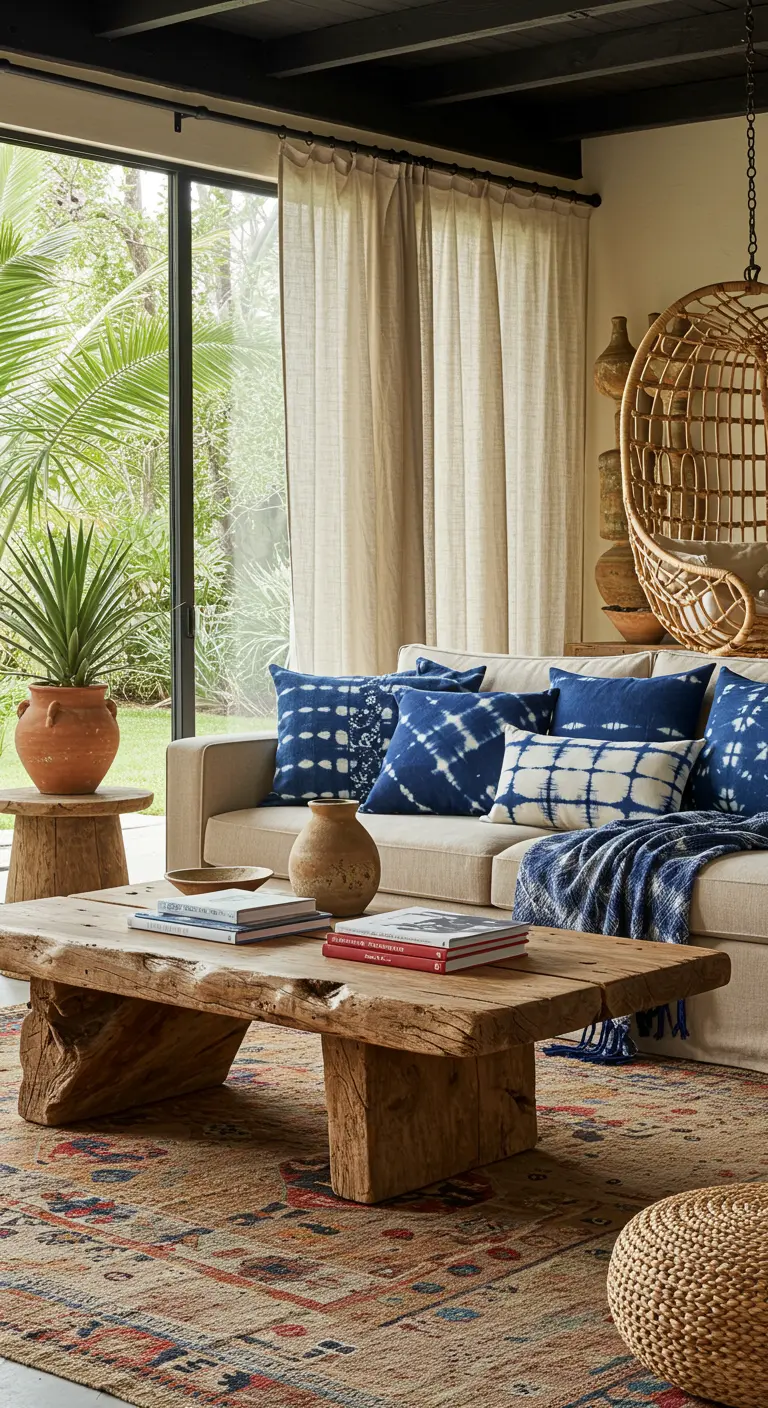 Bohemian-coastal living room with indigo tie-dye pillows and a chunky wood table.