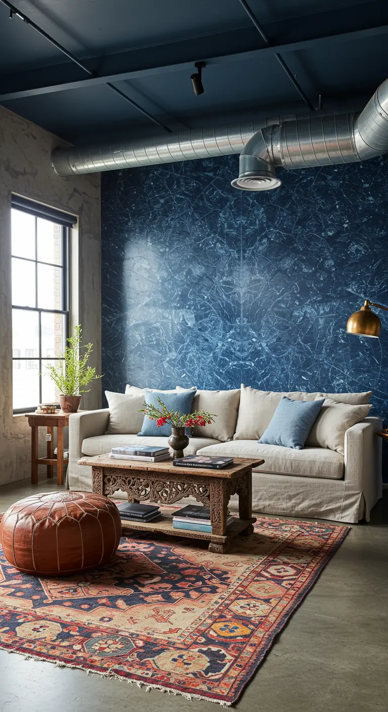 Loft with a blue marble wall, a colorful patterned rug, and a leather pouf.