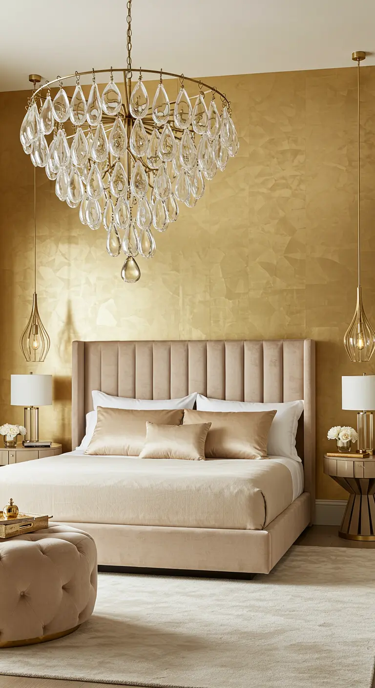 Glamorous gold and cream bedroom with a large crystal teardrop chandelier.