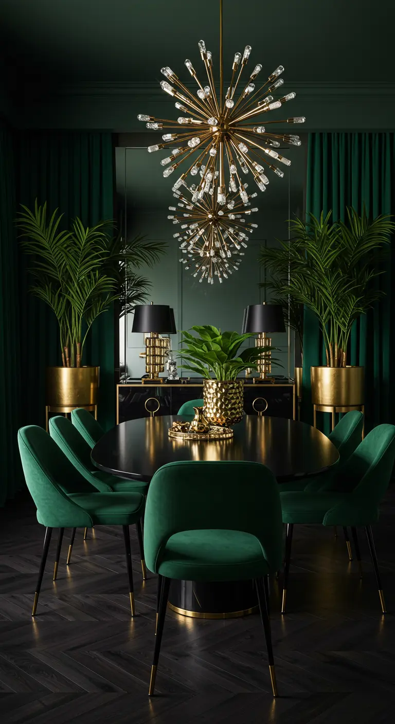 Moody dining room with emerald green velvet chairs and a sputnik chandelier.