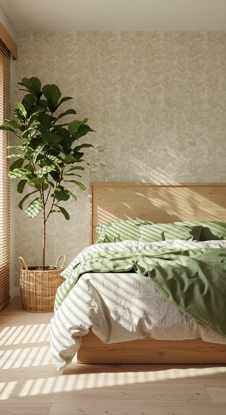 Bedroom with light green botanical wallpaper, a wood bed, and a large plant.