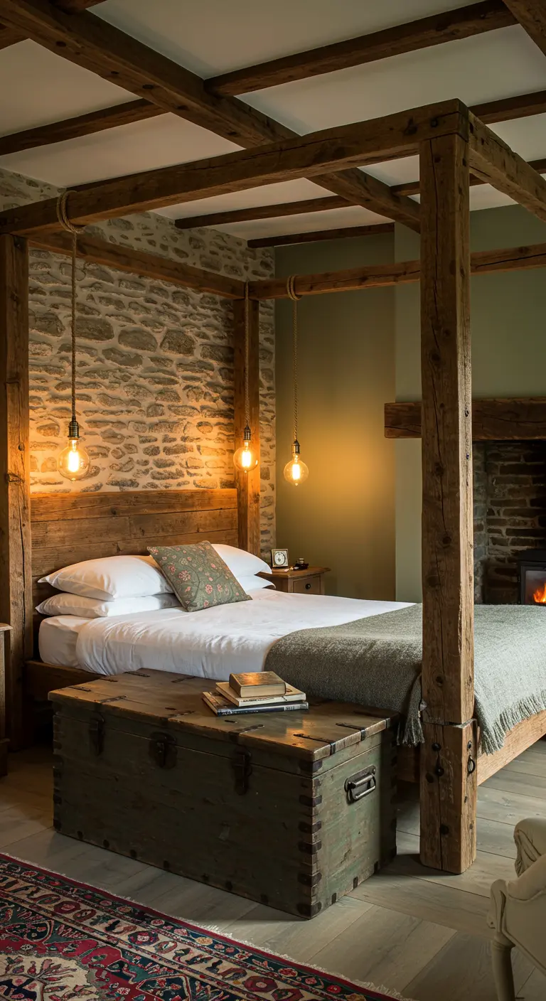 Cozy bedroom with a heavy wood four-poster bed against an exposed stone wall.