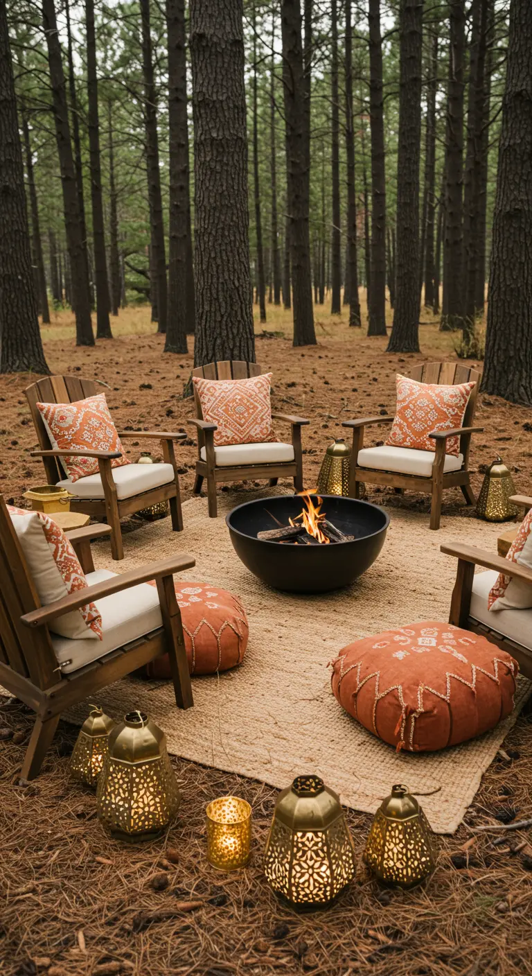 A bohemian fire pit scene with a jute rug, patterned pillows, floor poufs, and lanterns.