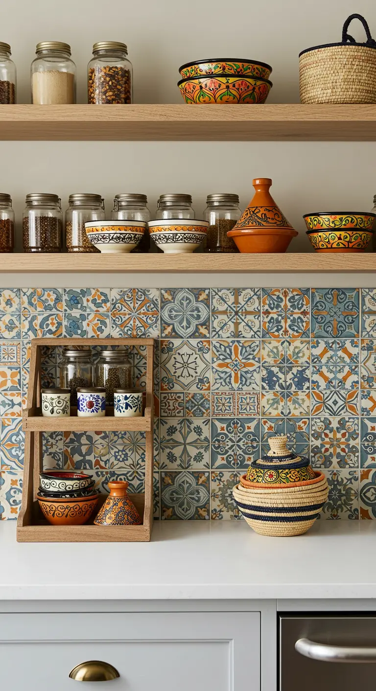 A kitchen with intricate blue and orange Moroccan peel-and-stick tiles and open wood shelves.