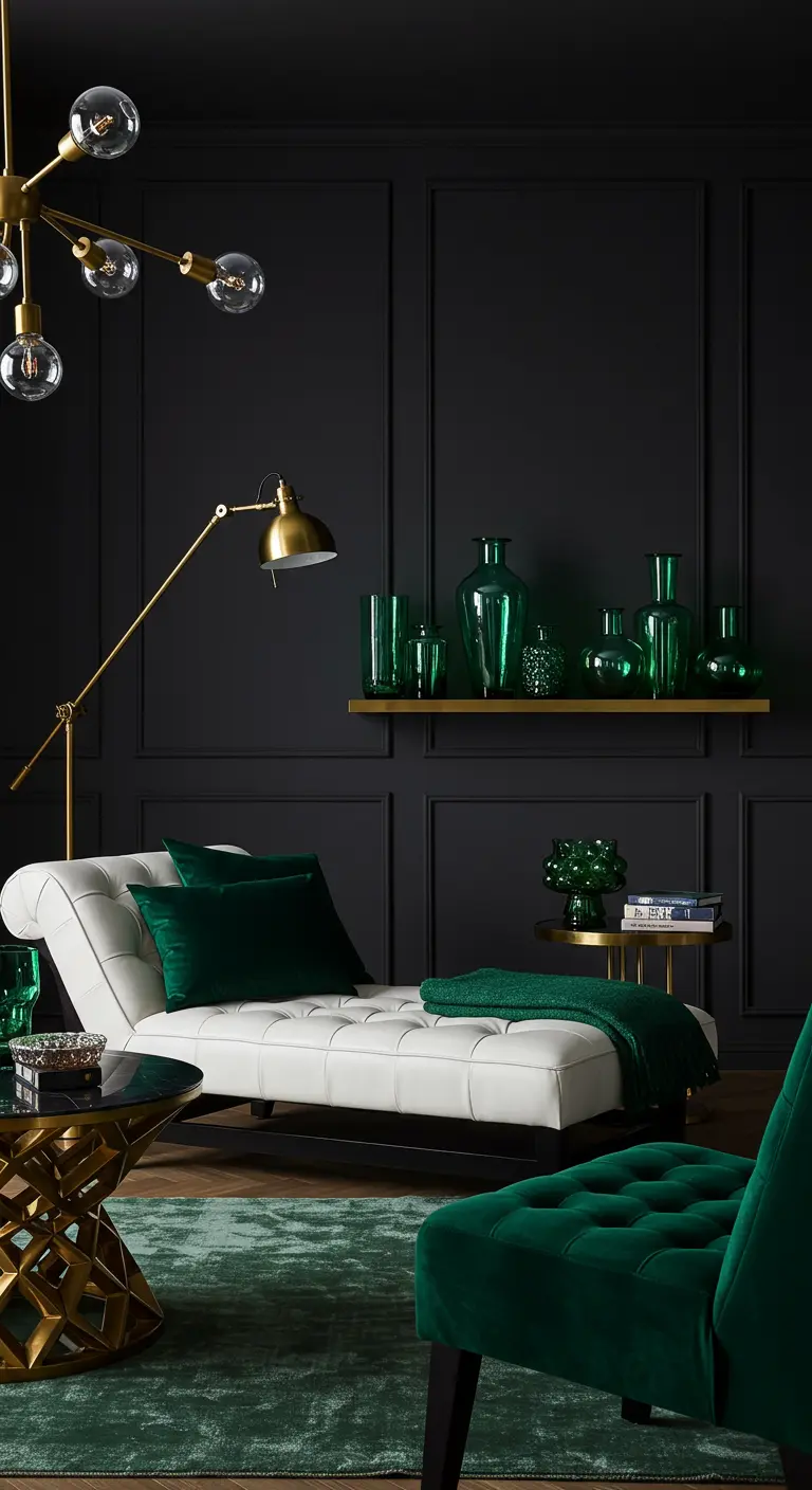 A white chaise on a black wall is accented with emerald green velvet pillows and glassware.