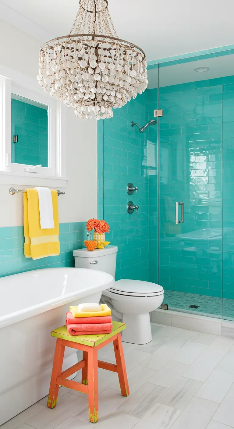 White and aqua bathroom with bright coral and yellow towel accents.