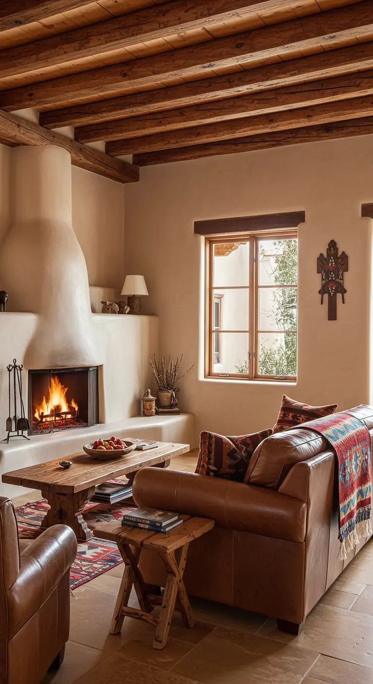 Southwestern living room with an adobe fireplace, exposed vigas, and a leather sofa with tribal textiles.